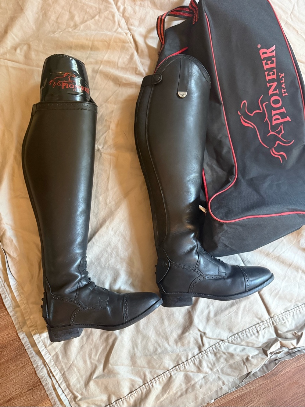 PIONEER Black Tall Leather Riding Boots with Carry Bag
